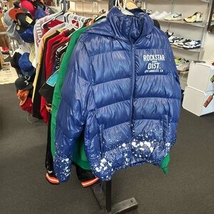 Rockstar Original Blue Paint Splash Puffer Jacket Size Medium Pre Owned Used